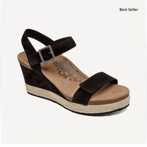 Aetrex Sydney Quarter Strap Espadrille Wedge Sandal Black Suede
